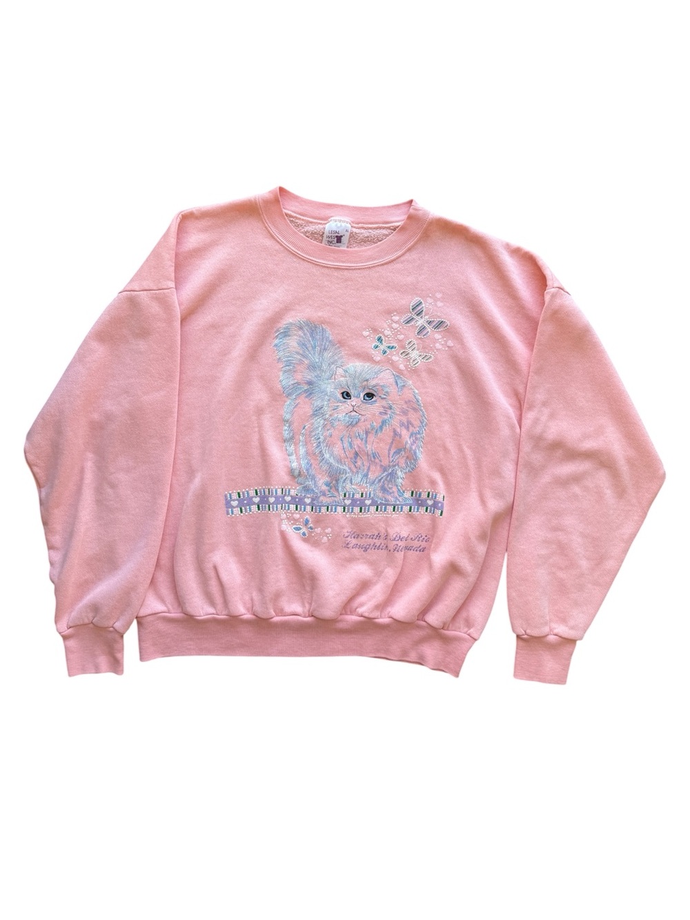 Vintage 1988 Harrah’s Del Rio Laughlin NV Cat Sweatshirt Pink USA XL Cute Kawaii